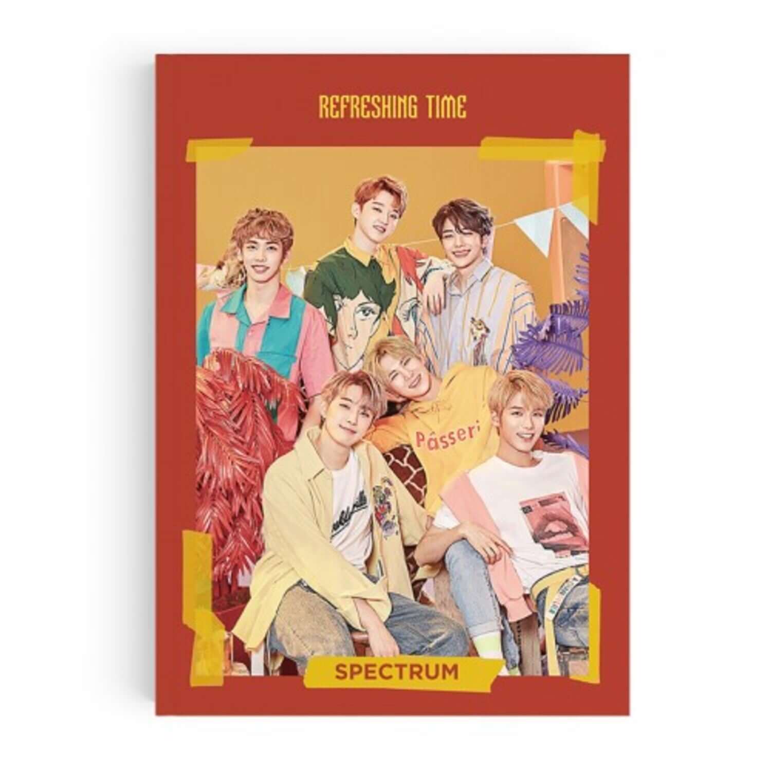 SPECTRUM - 3rd Album [REFRESHING TIME] - Album Kpop : pochette rouge avec membres SPECTRUM, ambiance studio.