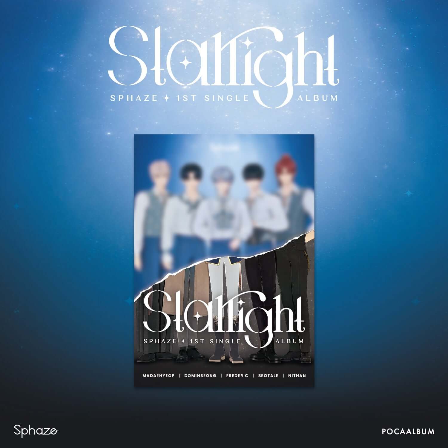 SPHAZE - [Starlight] - Album Kpop, visuel bleu et étoiles avec jaquette du groupe SPHAZE sur fond scintillant.