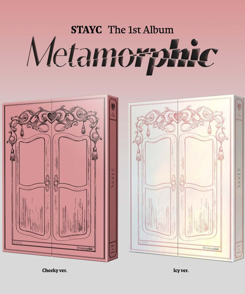 STAYC - 1st Album [Metamorphic] (Cheeky Ver. / Icy Ver.) (Random) - Album Kpop, coffrets rose et blanc sur fond pastel