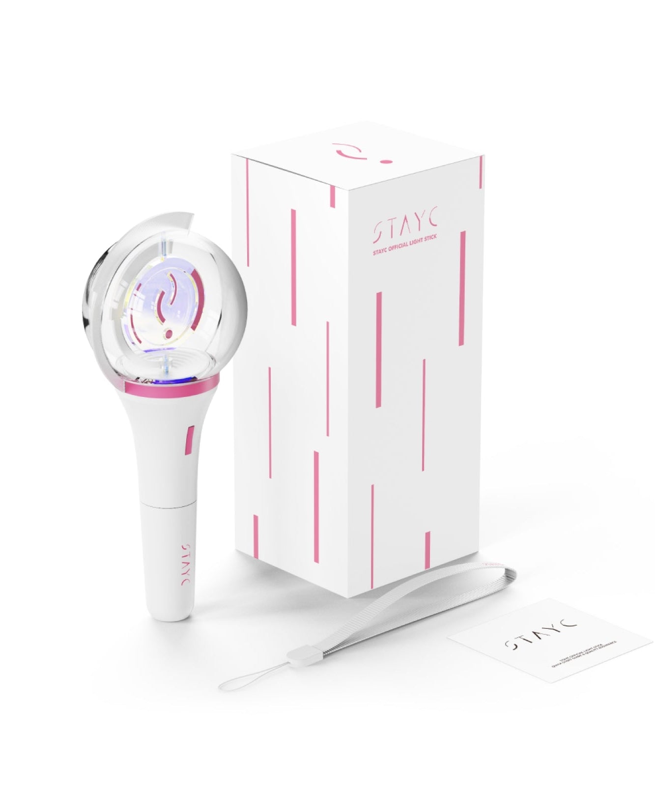 STAYC Official Lightstick officiel STAYC, main avec étui blanc rose sur fond clair, photo produit
