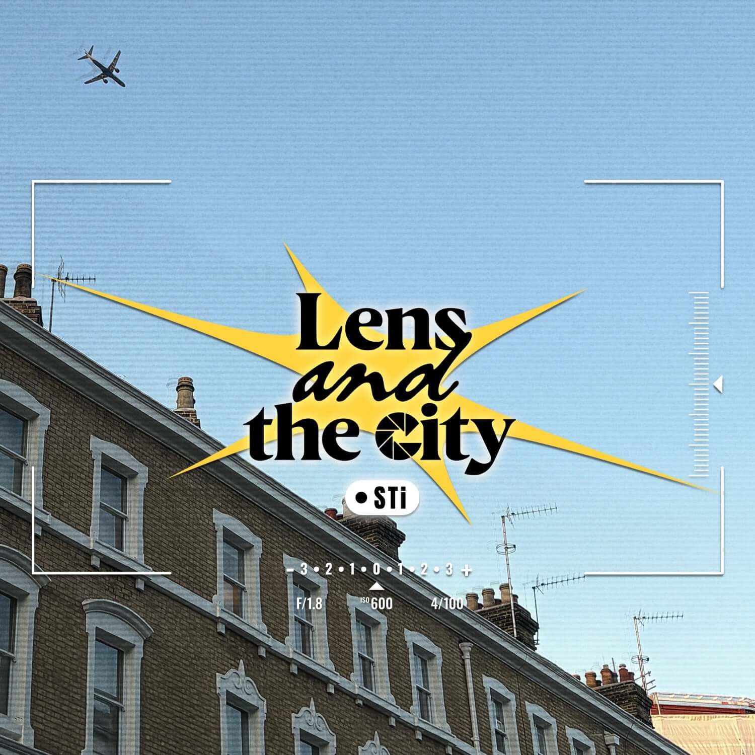STI - [Lens and the City] - Album Kpop : pochette avec skyline, immeubles urbains et avion, ciel bleu, marque STI visible
