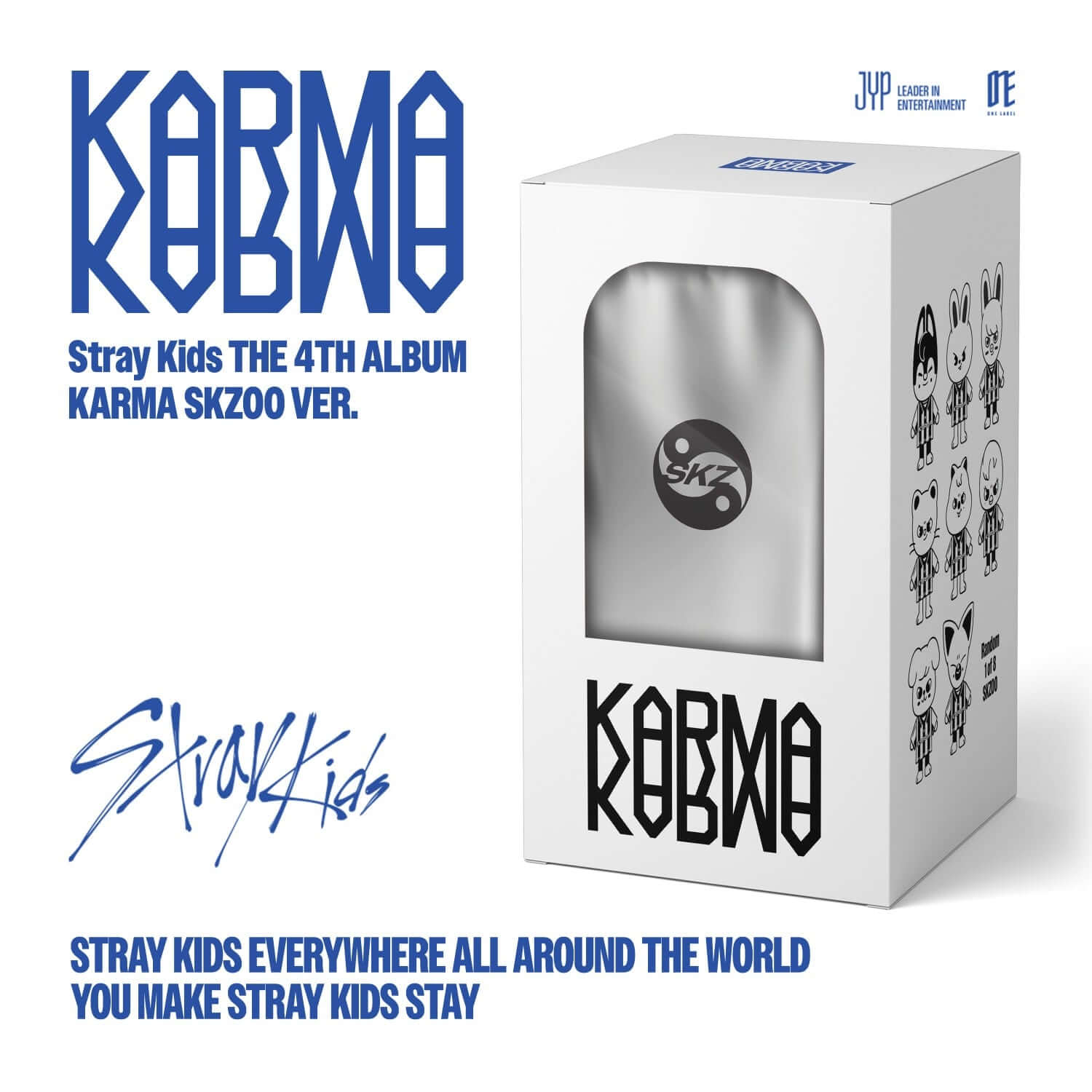 STRAY KIDS - 4th Album [KARMA] (SKZOO VER.) - Album Kpop, visuel pack blanc KARMA avec illustration SKZOO et texte.