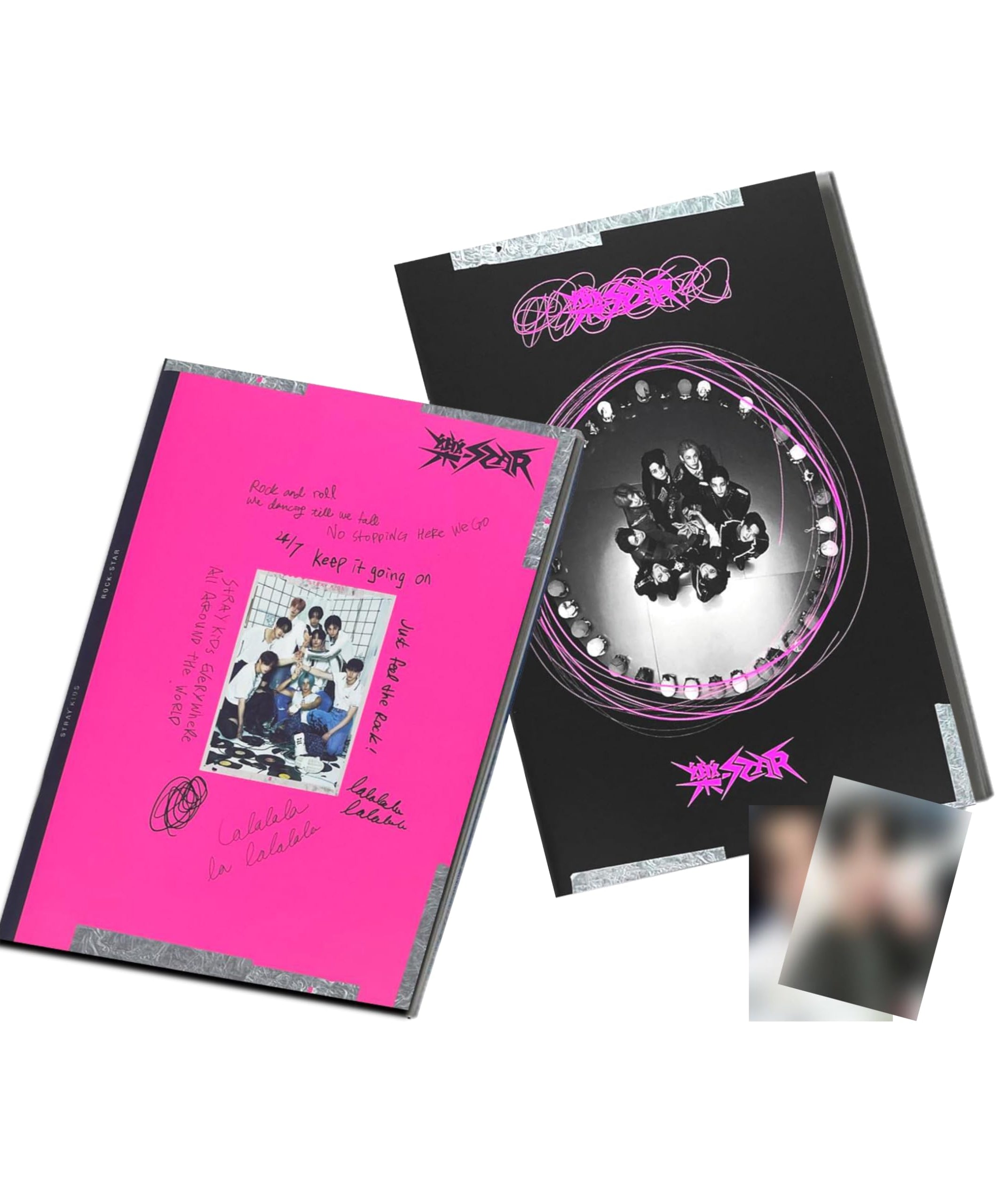 STRAY KIDS Mini Album '樂-STAR' (Rock Ver./ Roll Ver./ Random Ver.) de JYP, pochette noire et rose, photo groupe sur disque