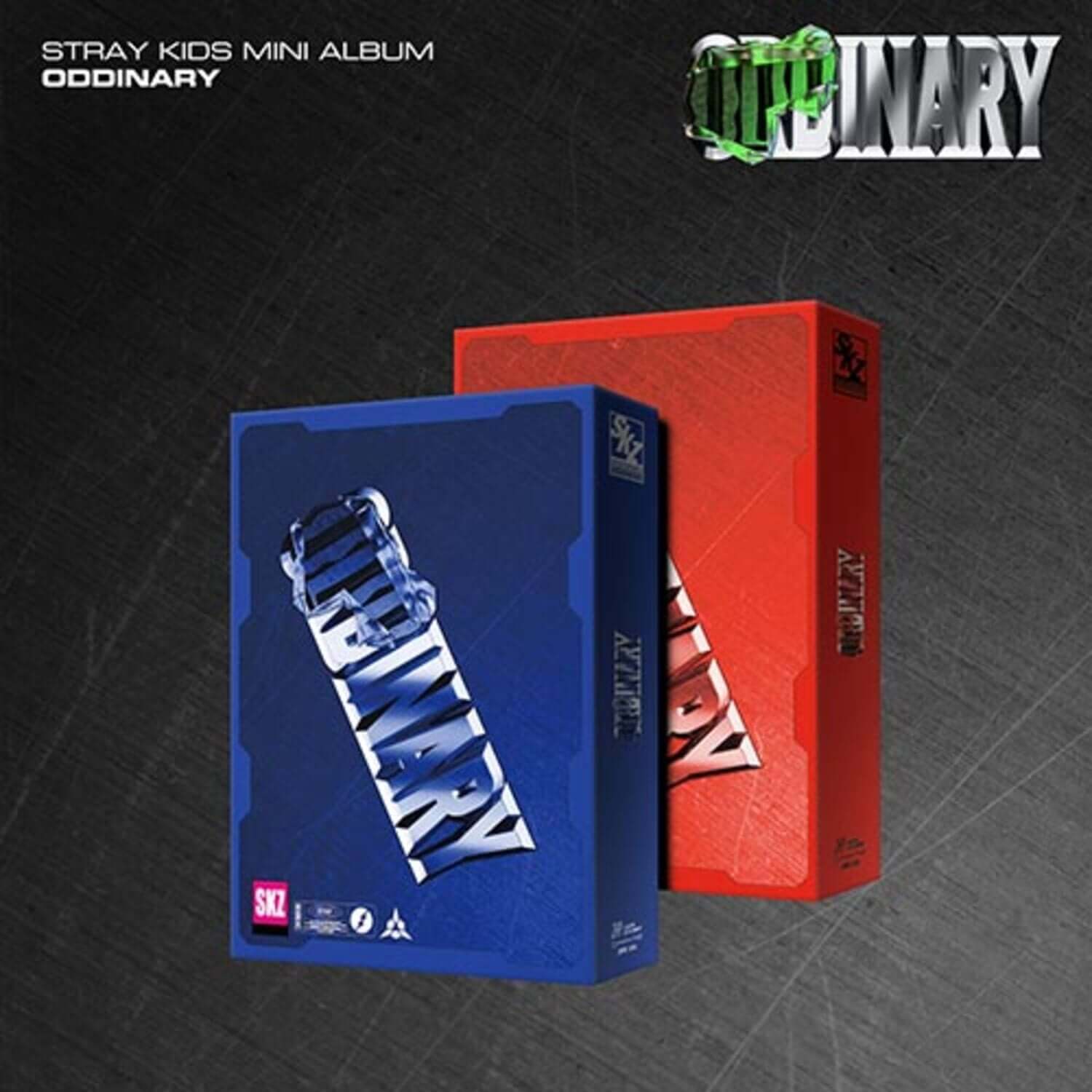 STRAY KIDS - [ODDINARY] SCANNING ver., MASK OFF ver. (Standard/Random) - Album Kpop : boîtiers et couvertures bleue/rouge sur fond sombre.