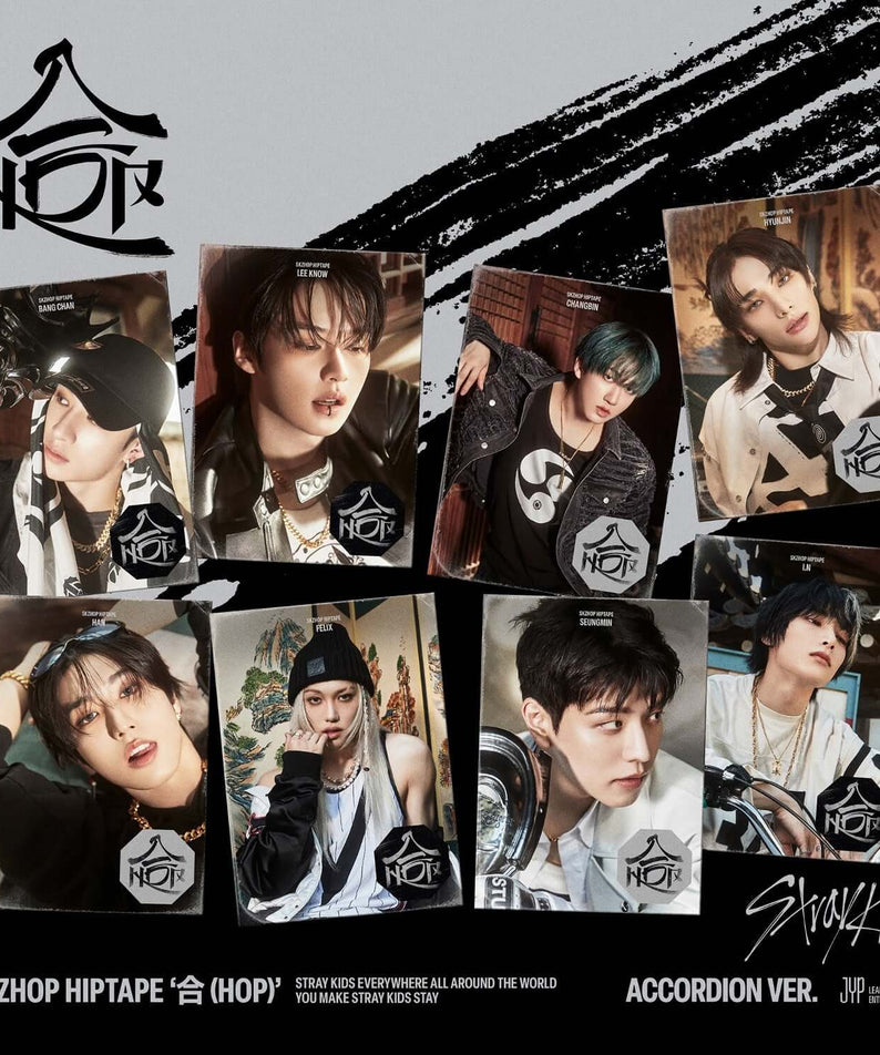 STRAY KIDS - SKZHOP HIPTAPE ‘合 (HOP)’ (ACCORDION VER.) (Random 1 of 8) : album Kpop avec photos des membres sur fond noir