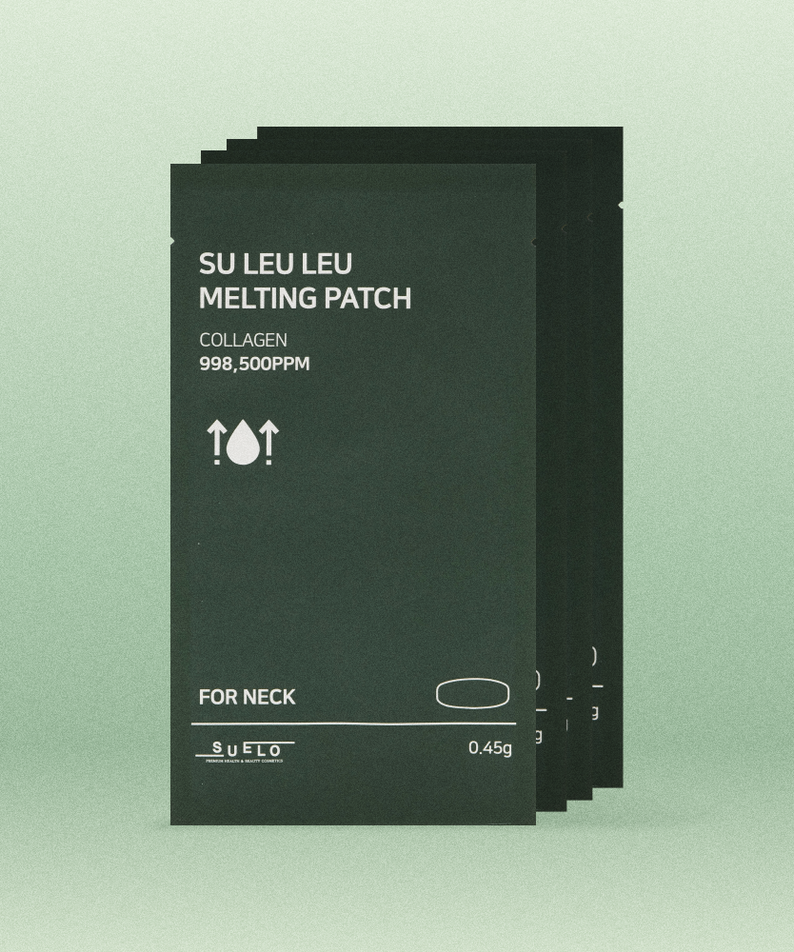 SUELO Neck Collagen Patch Lifting Neck Wrinkle Care 4 Sheets, patchs anti-âge pour le cou, boîte sur fond vert clair.