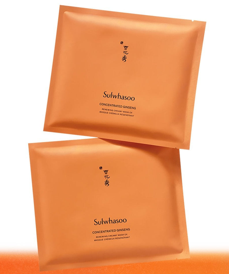 SULWHASOO Concentrated Ginseng Renewing Creamy Mask EX 5 sheets, masque tissu orange sur fond clair, marque Sulwhasoo