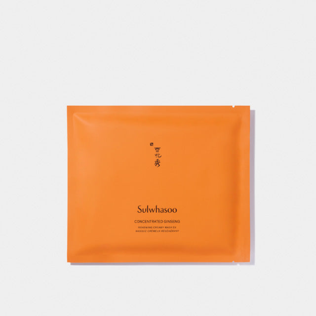 SULWHASOO Concentrated Ginseng Renewing Creamy Mask EX 5 sheets, pack orange sur fond blanc, marque Sulwhasoo