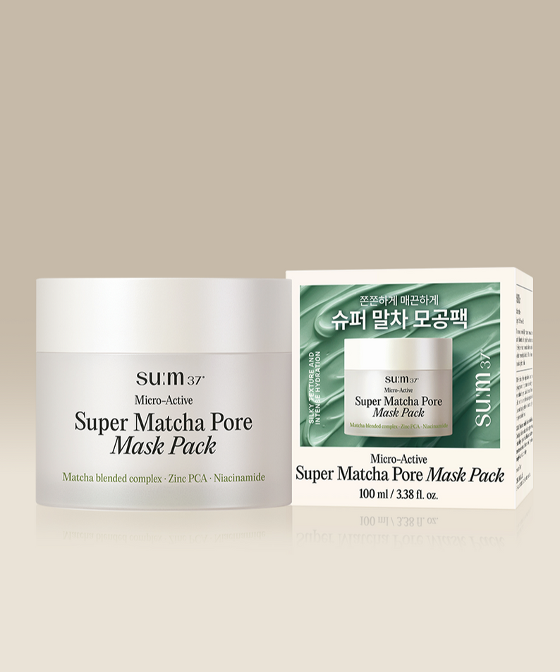Masque visage SU:M37 Microactive Super Matcha Pore Mask 100ml avec boîte, soin peau parfaite.