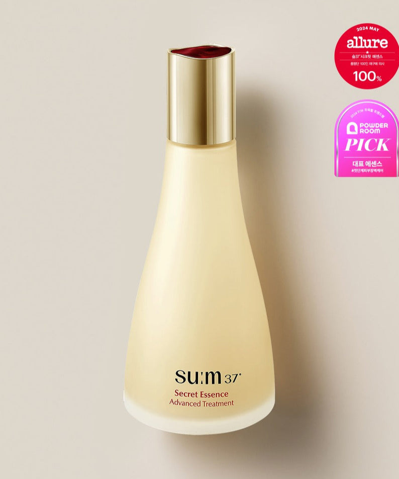 Bouteille de SU:M37 Secret Essence 150ml avec prix de beauté visible, produit de soin coréen haut de gamme.