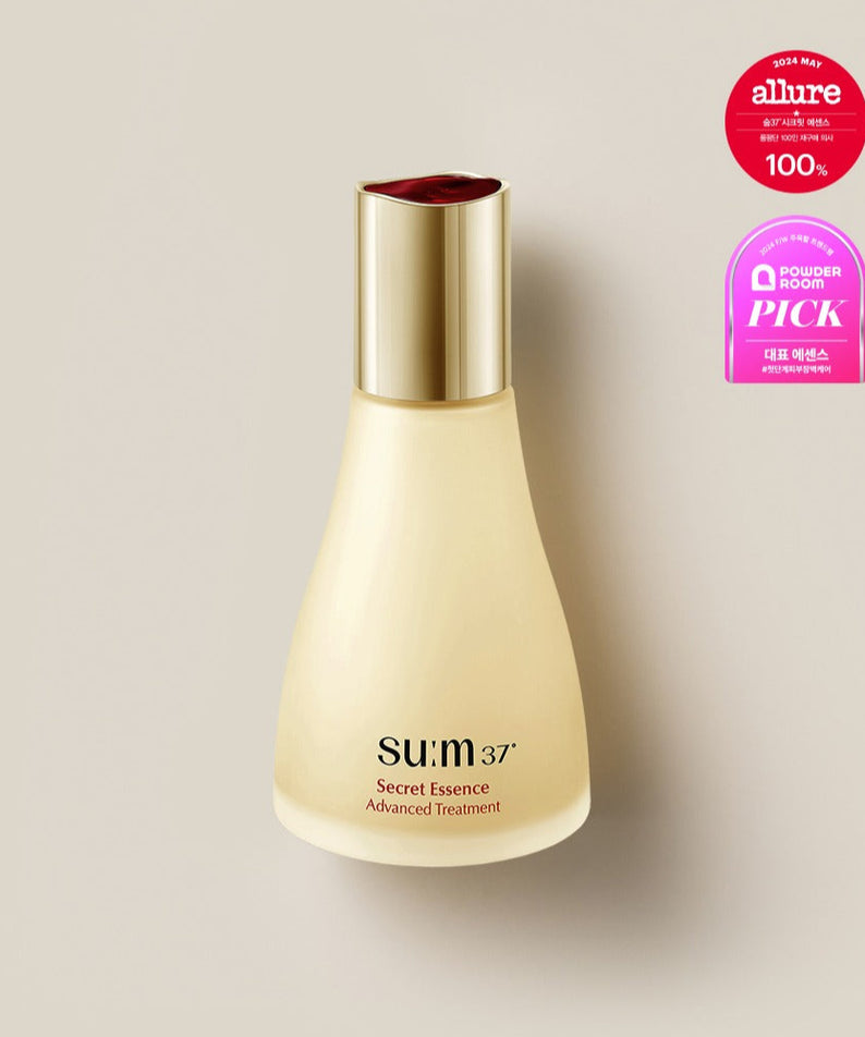 SU:M37 Secret Essence 80ml, soin avancé primé avec design élégant et bouchon doré.