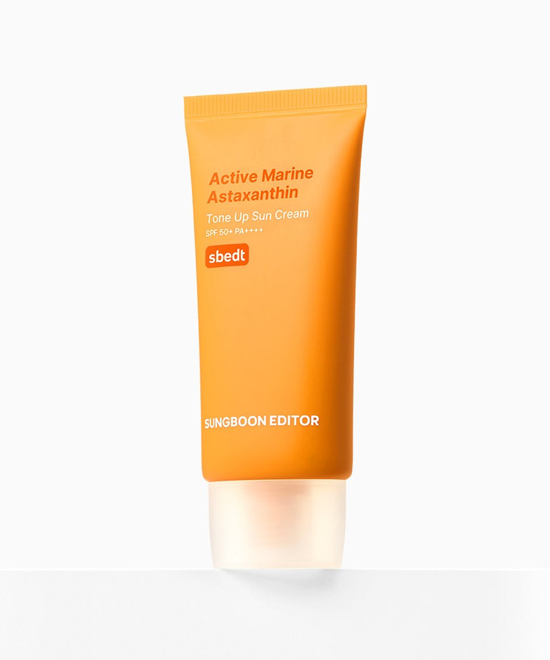 SUNGBOON EDITOR Active Marine Astaxanthin Tone-up Sunscreen 50g en tube orange sur fond blanc, crème solaire tonifiante
