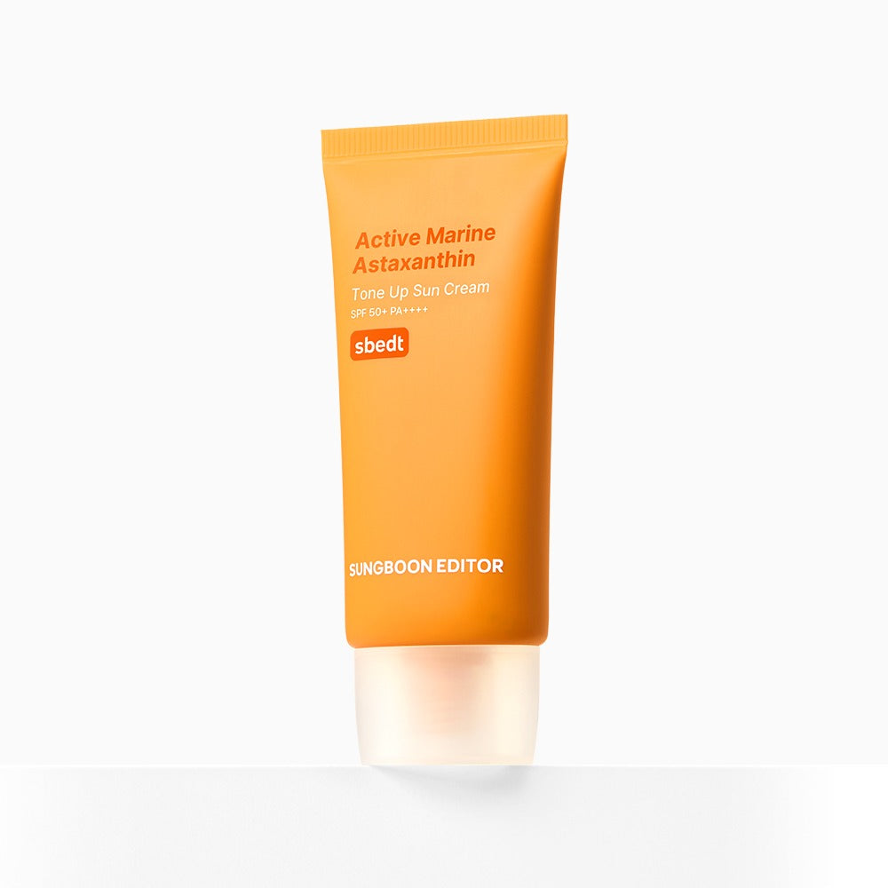SUNGBOON EDITOR Active Marine Astaxanthin Tone-up Sunscreen 50g en tube orange sur fond blanc, crème solaire tonifiante
