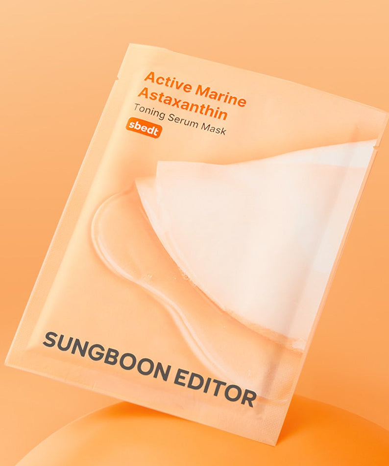 SUNGBOON EDITOR Active Marine Asxatanthin Toning Serum Mask 10 Sheets, masques visage à effet tonifiant, pack sur fond orangé