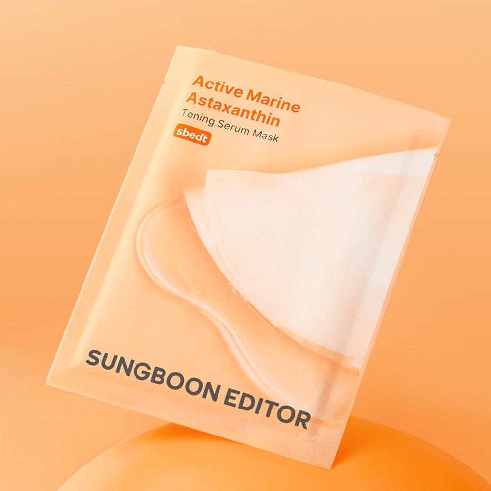 SUNGBOON EDITOR Active Marine Asxatanthin Toning Serum Mask 10 Sheets, masques visage à effet tonifiant, pack sur fond orangé
