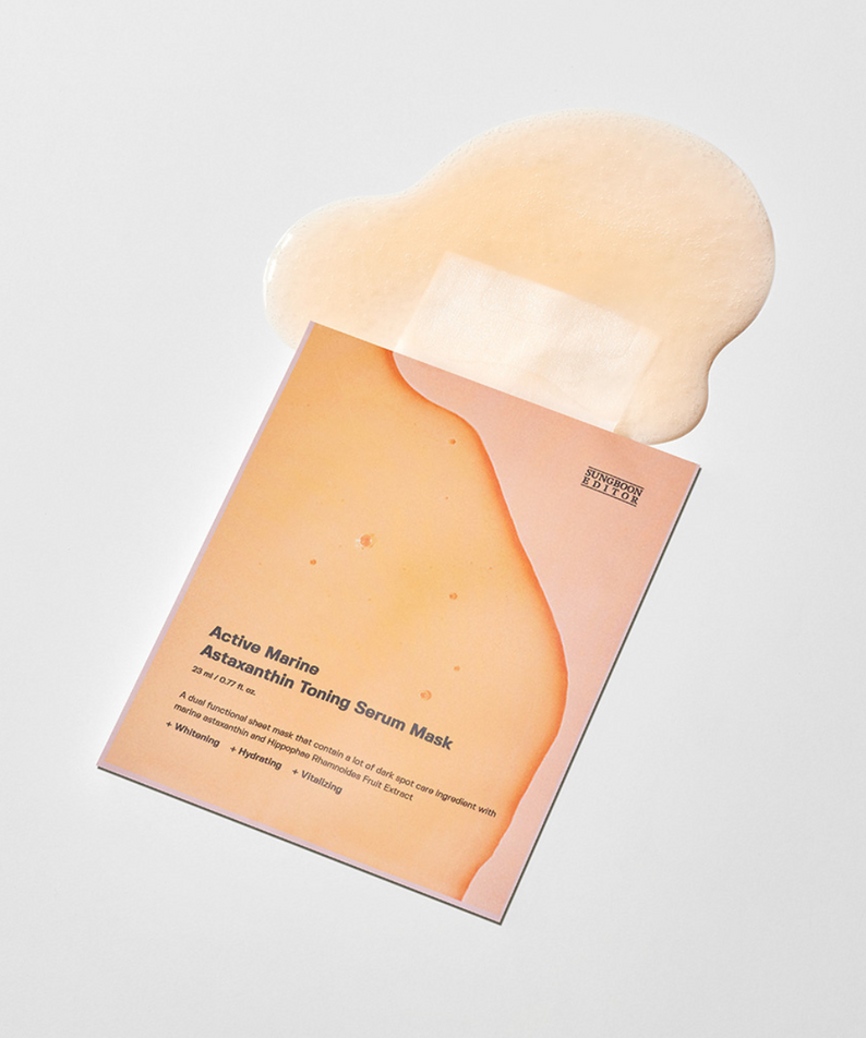 SUNGBOON EDITOR Active Marine Asxatanthin Toning Serum Mask 10 Sheets, marque SUNGBOON, masque visage sur fond blanc.