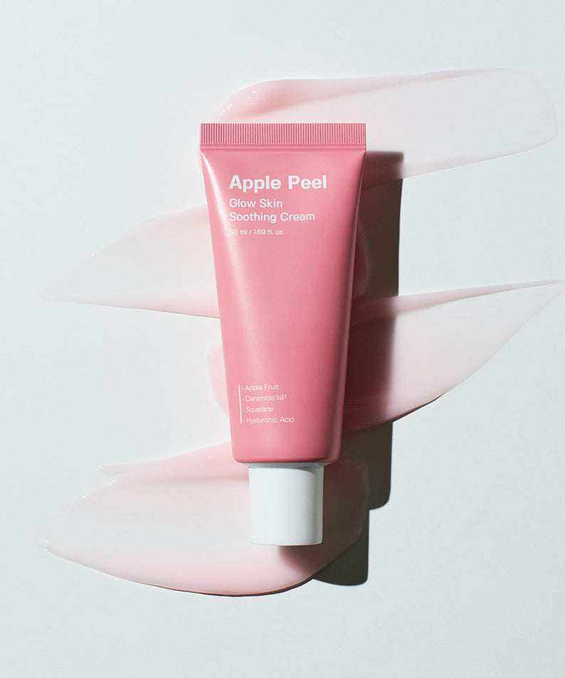 SUNGBOON EDITOR Apple Peel Glow Skin Soothing Cream 50ml, tube rose sur fond blanc, crème apaisante pomme en visuel produit.