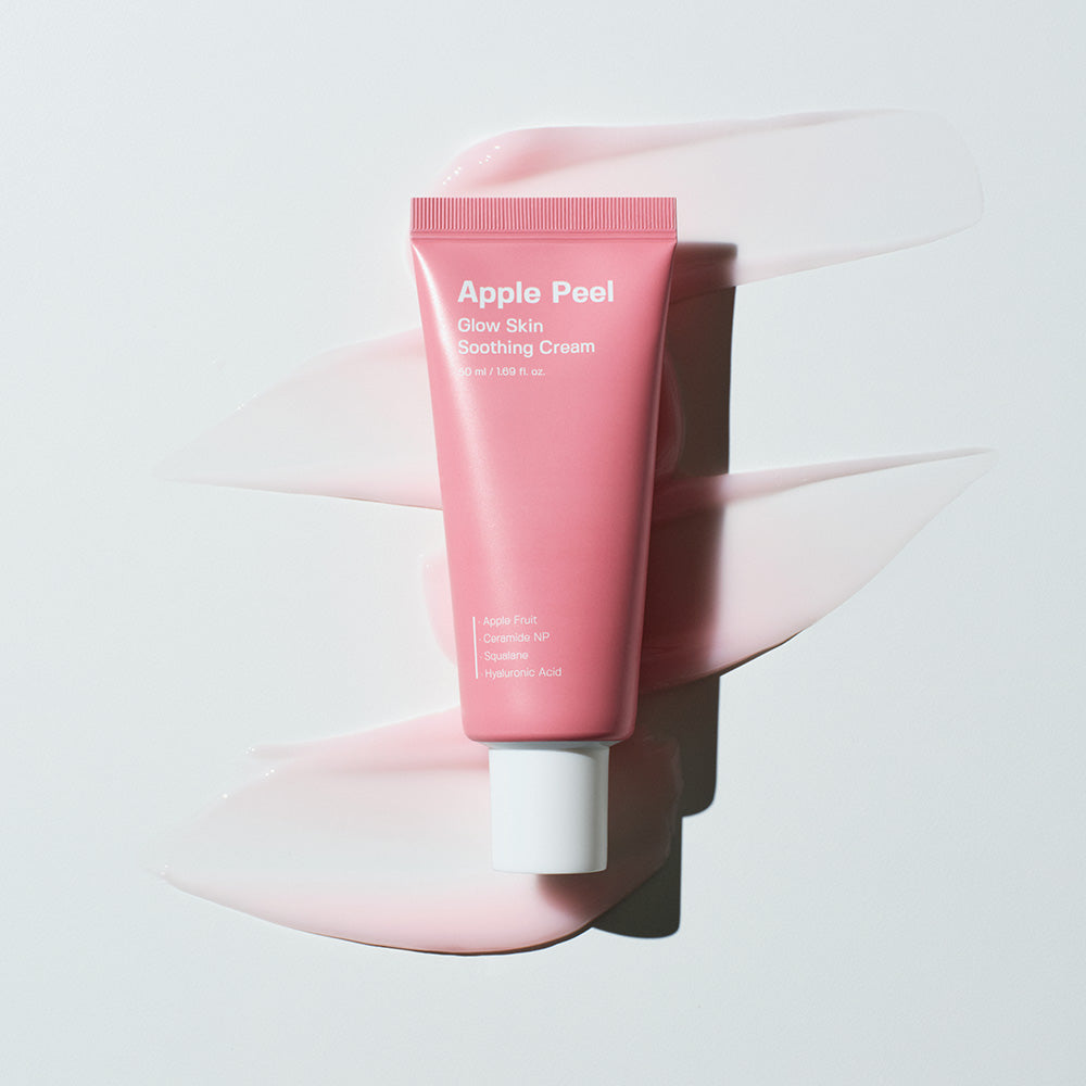 SUNGBOON EDITOR Apple Peel Glow Skin Soothing Cream 50ml, tube rose sur fond blanc, crème apaisante pomme en visuel produit.