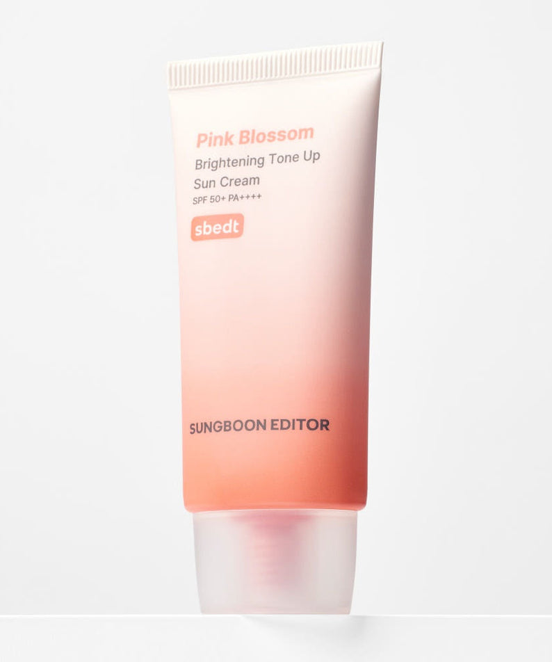 SUNGBOON EDITOR Pink Blossom Brightening Tone-Up Sunscream 50ml, tube rose sur fond blanc, crème solaire tonifiante