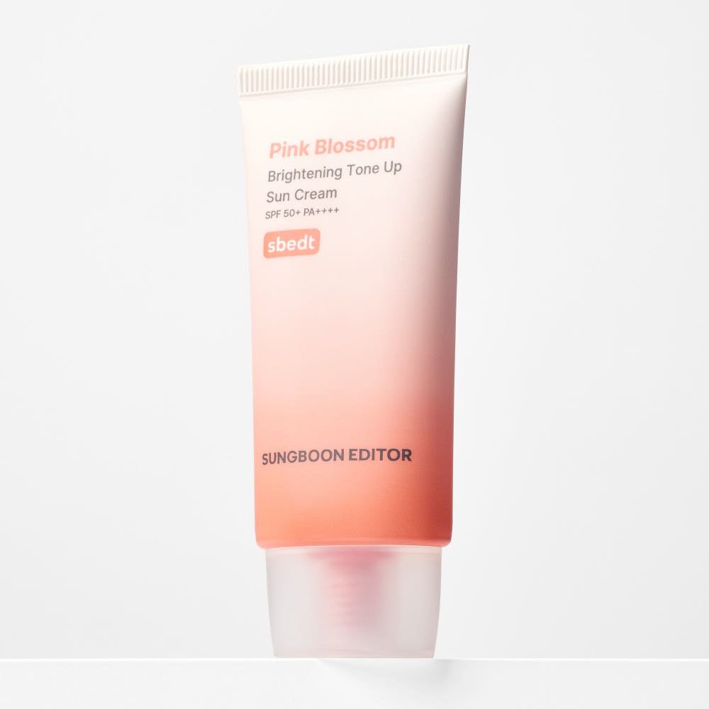 SUNGBOON EDITOR Pink Blossom Brightening Tone-Up Sunscream 50ml, tube rose sur fond blanc, crème solaire tonifiante