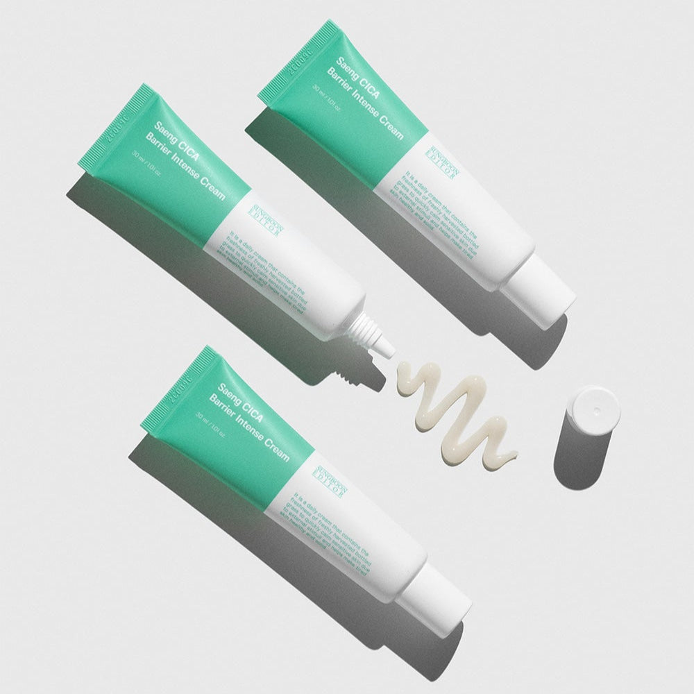 SUNGOBOON EDITOR Saeng Cica Barrier Intensive Cream 30ml, tubes verts sur fond clair, crème barrière anti-rougeurs
