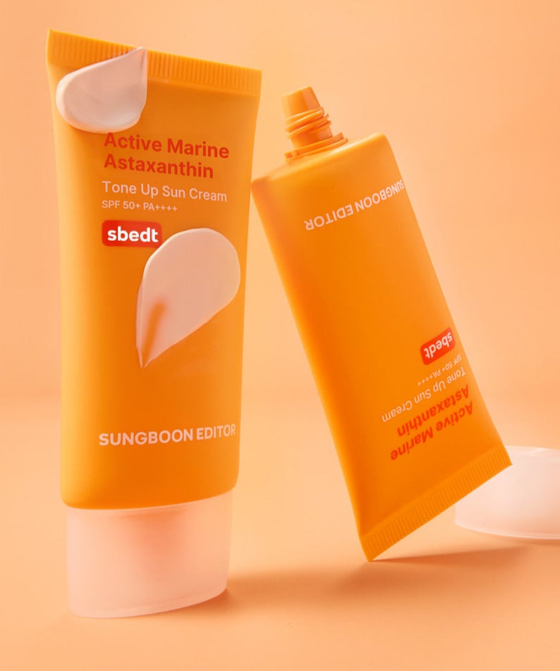 Crème solaire SUNGBOON EDITOR Active Marine Astaxanthin Tone-up Sunscreen 50g, SPF 50+, protection et soin de la peau, design tube orange.
