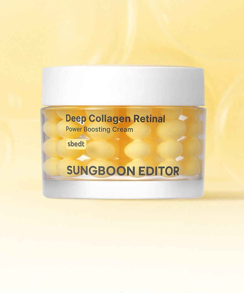 Crème revitalisante SUNGBOON EDITOR Deep Collagen Retinal Shot Power Boosting Cream, pot jaune en arrière-plan lumineux.
