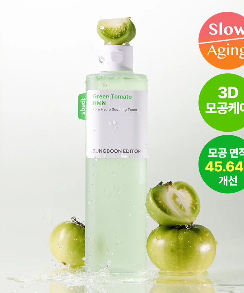 SUNGBOON EDITOR Green Tomato NMN Pore Hydro Soothing Toner 350g, tonique apaisant pour pores, avec extrait de tomate verte et NMN.