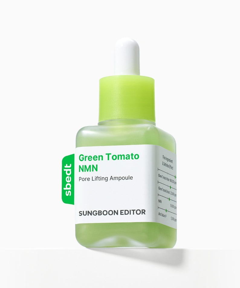 SUNGBOON EDITOR Green Tomato NMN Pore Lifting Ampoule 40ml, soin pour pores apparence liftée, flacon vert 40ml.