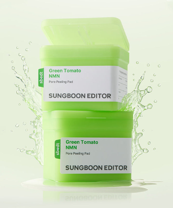 SUNGBOON EDITOR Green Tomato NMN Pore Peeling Jumbo Pad 60 Pads en action, hydratation et éclat, produit de soin de la peau.
