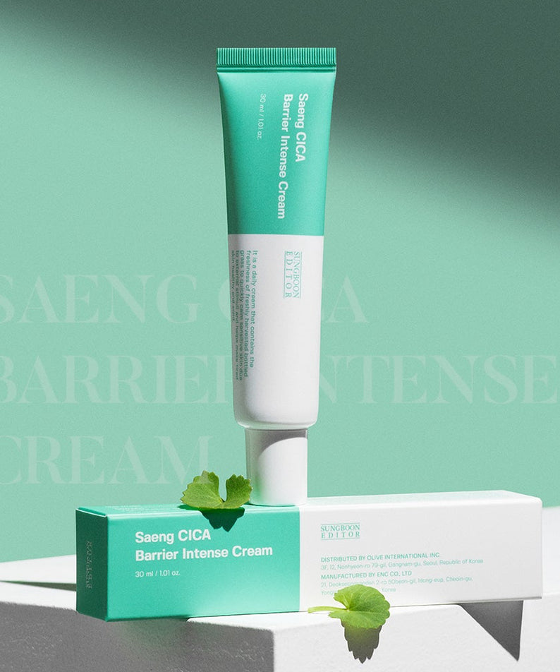 SUNGBOON EDITOR Saeng Cica Barrier Intensive Cream 30ml, crème protectrice, tube vert et blanc, soin visage, 30ml