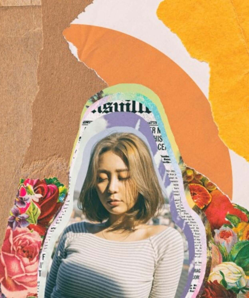 SWAN - [I] - Album Kpop SWAN, couverture avec portrait féminin, collage floral et typographie sur fond beige.