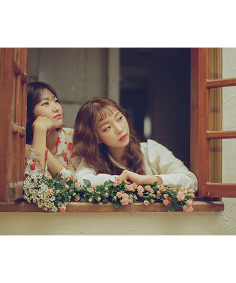 SWEDEN LAUNDRY - Album Kpop : visuel Kpop avec deux membres devant une fenêtre, décor fleuri, pour fans de la marque.