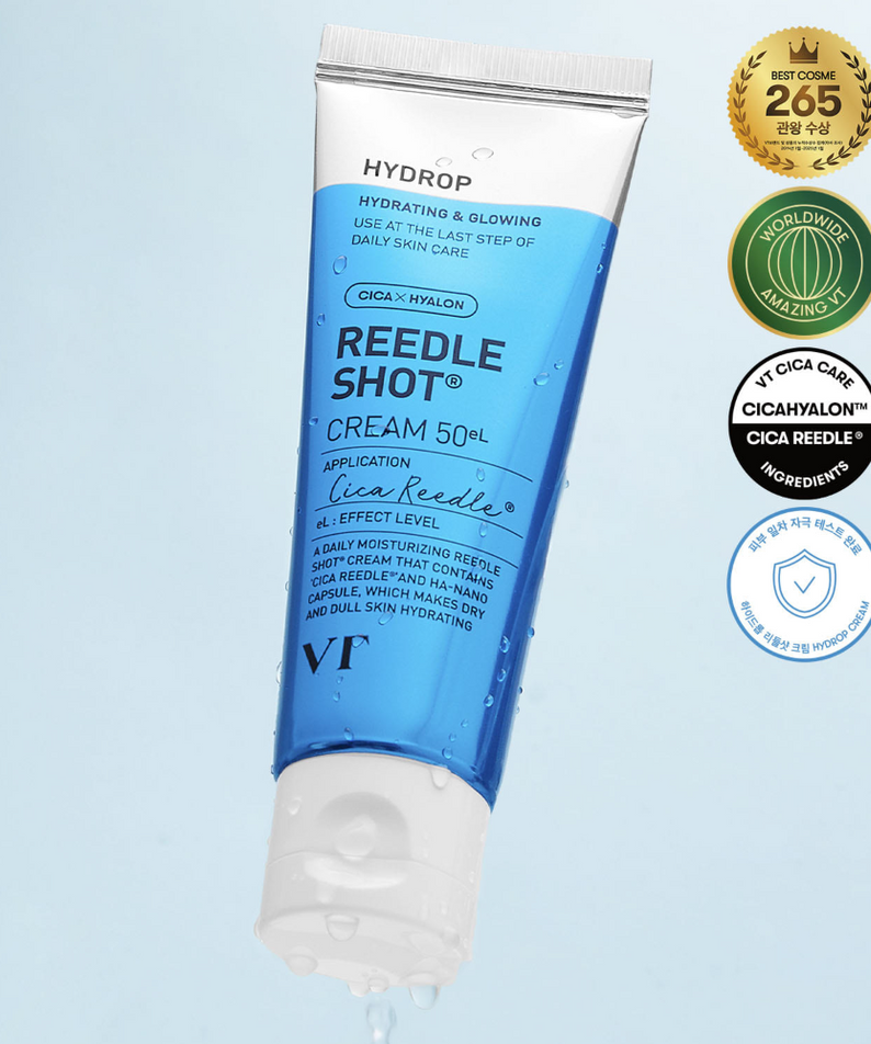 Crème VT COSMETIC Hydro Riddleshot Cream 50g, hydratation et éclat, tube à côté de logos de récompenses.