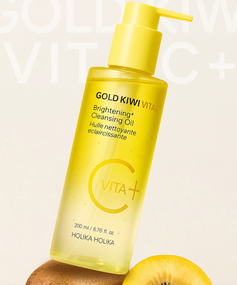HOLIKA HOLIKA Gold Kiwi Vita C+ Brightening Cleansing Oil 200ml, huile nettoyante éclaircissante, flacon jaune vibrant, fond kiwi