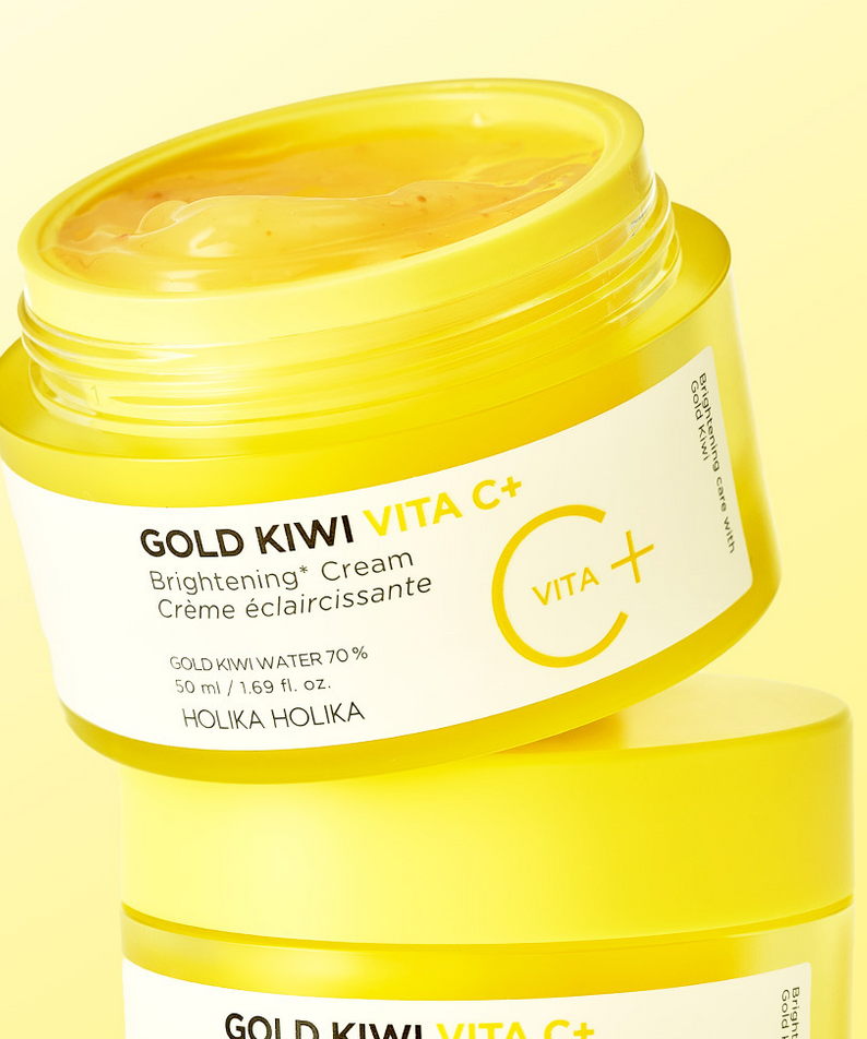 Crème éclaircissante HOLIKA HOLIKA Gold Kiwi Vita C+ Brightening Cream 50ml en pot jaune vif, affichant son design moderne.
