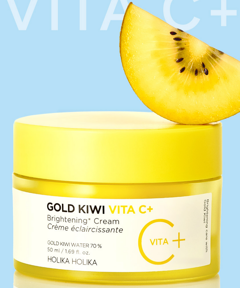 Pot de 50ml de HOLIKA HOLIKA Gold Kiwi Vita C+ Brightening Cream sur fond bleu avec une tranche de kiwi au-dessus.