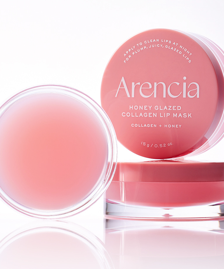 ARENCIA Honey Glazed Collagen Lip Mask 15g, masque pour les lèvres hydratant et repulpant au miel, pot ouvert et fermé.