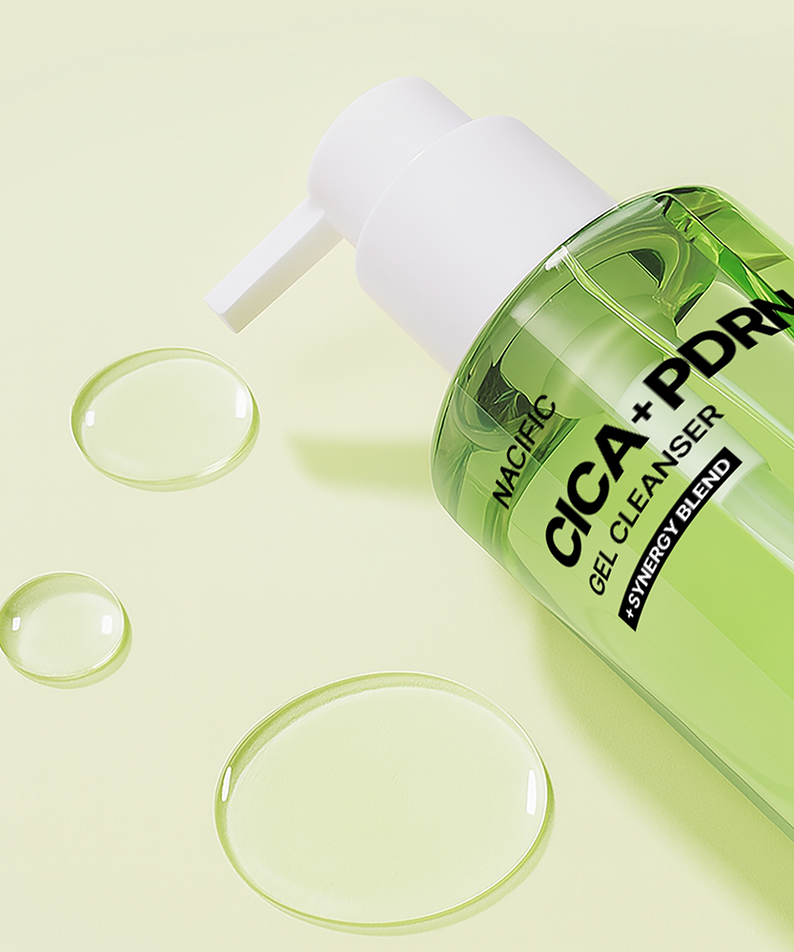 Flacon de NACIFIC Cica PDRN Gel Cleanser 200ml sur fond beige, nettoyant visage hydratant avec extrait de centella.