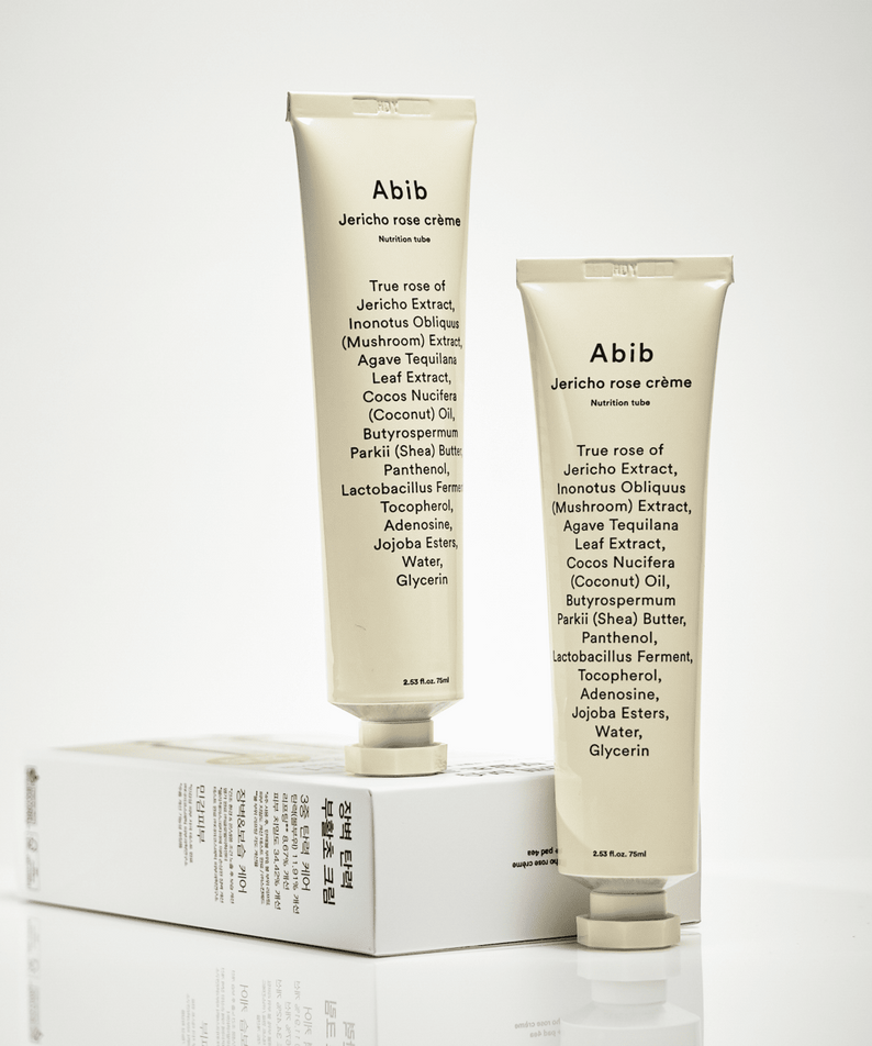 ABIB Jericho Rose Crème Nutrition Tube 75ml : crème Abib sur fond blanc, présentée avec boîtes et flacons.