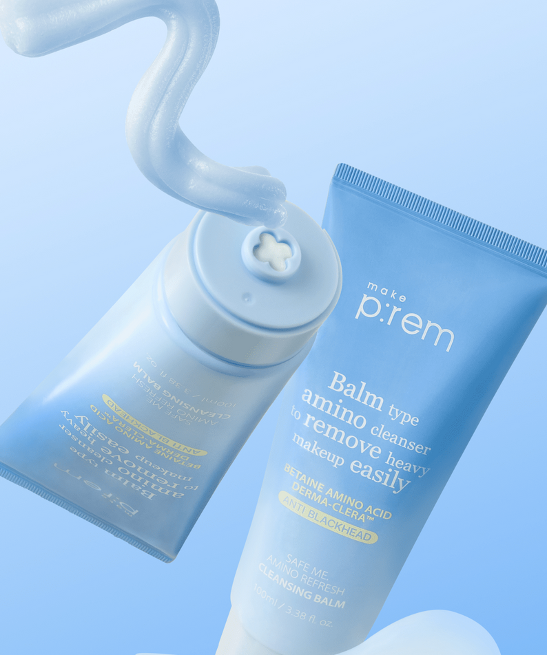 MAKE P:REM Safe Me Amino Refresh Cleansing Balm 100ml, nettoyant visage doux en tube bleu, fond bleu.