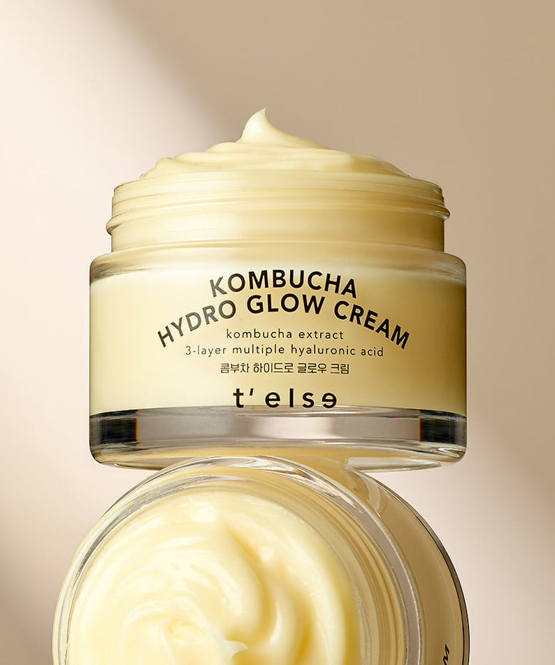 Crème T'ELSE Kombucha Hydro Glow Cream 50ml en pot, booste l'éclat et l'hydratation avec extrait de kombucha, acide hyaluronique.