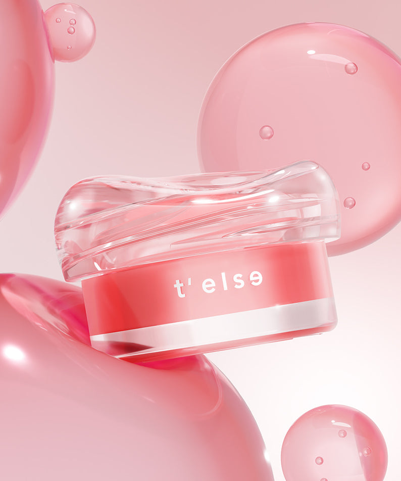 T'ELSE Plumping Glow Jelly Pot 9g, pot cosmétique rose en gel, bulles et lumière douce, visuel maquillage.