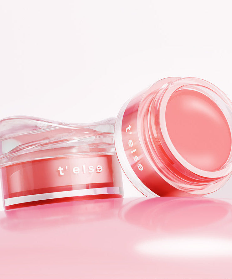 T'ELSE Plumping Glow Jelly Pot 9g, pot de gelée rosée ouverte sur fond clair, marque T'ELSE en contexte beauté.