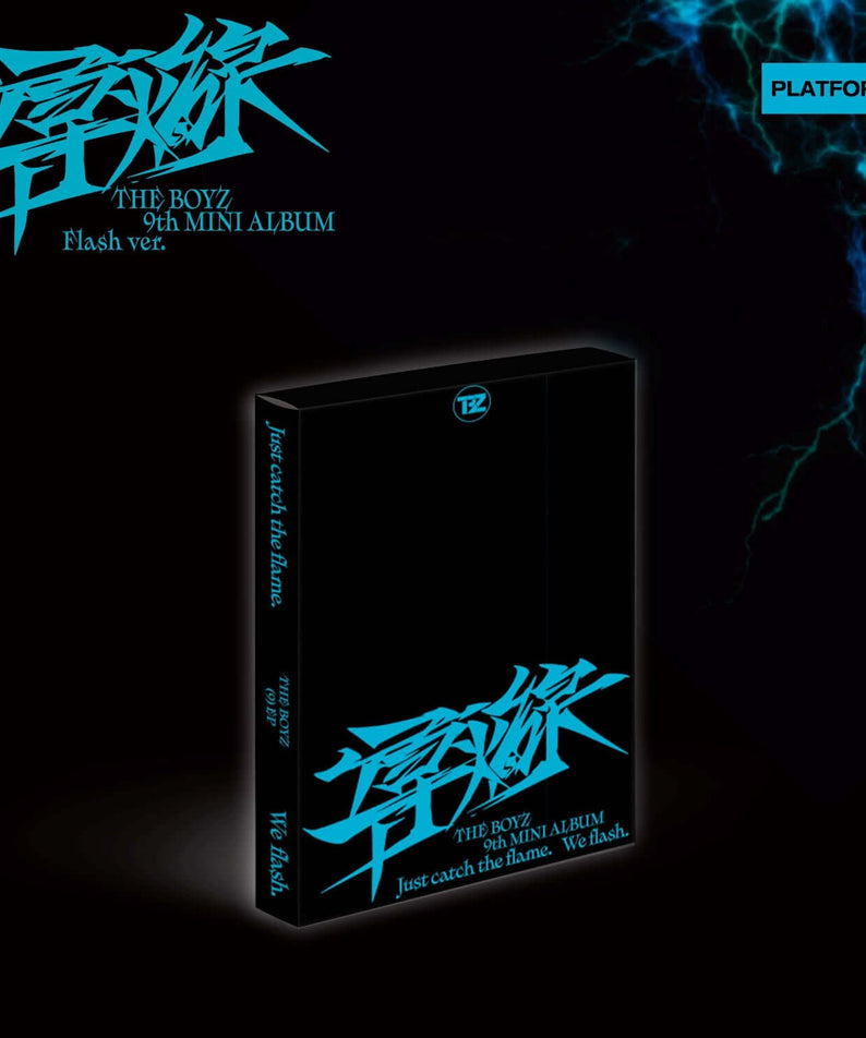 THE BOYZ - 9th Album [導火線 ] (Flash Ver.) - Album Kpop : jaquette sur fond noir, éclairs bleus, marque THE BOYZ