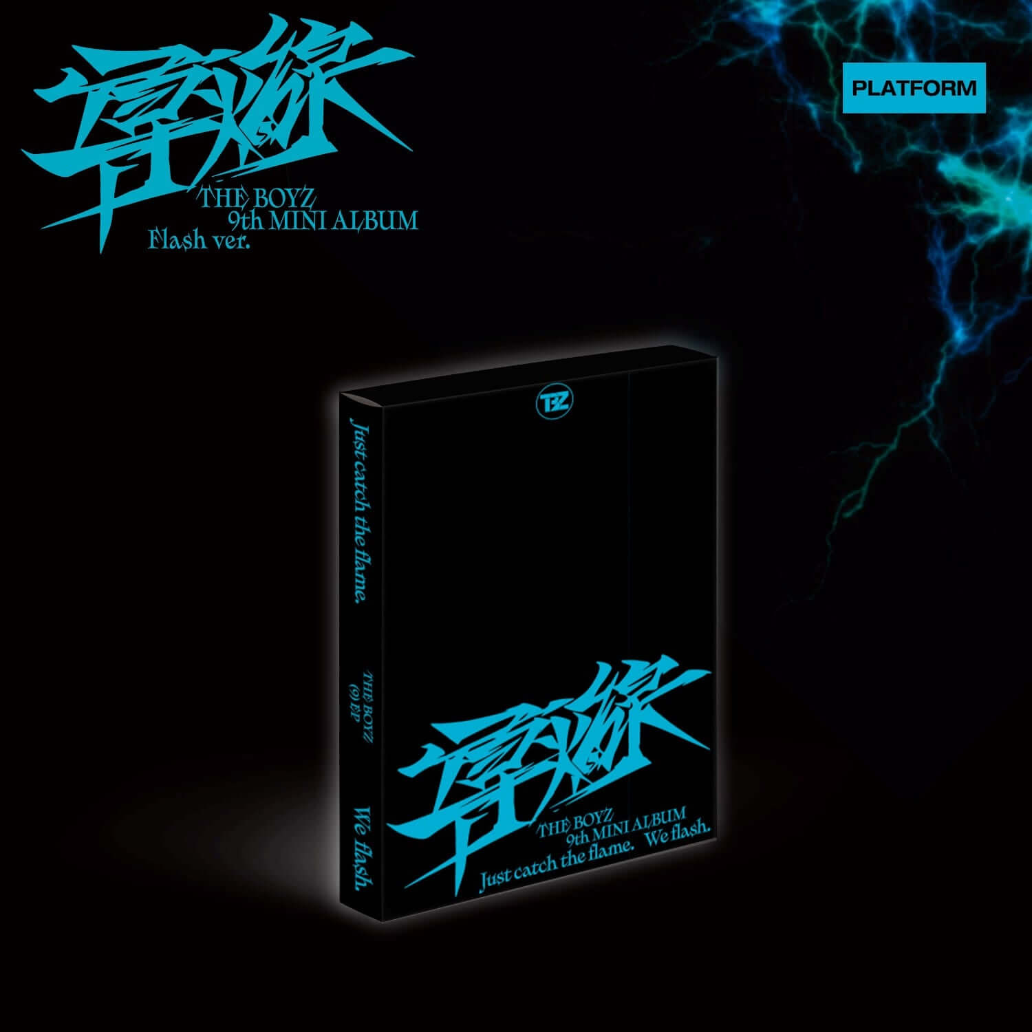 THE BOYZ - 9th Album [導火線 ] (Flash Ver.) - Album Kpop : jaquette sur fond noir, éclairs bleus, marque THE BOYZ
