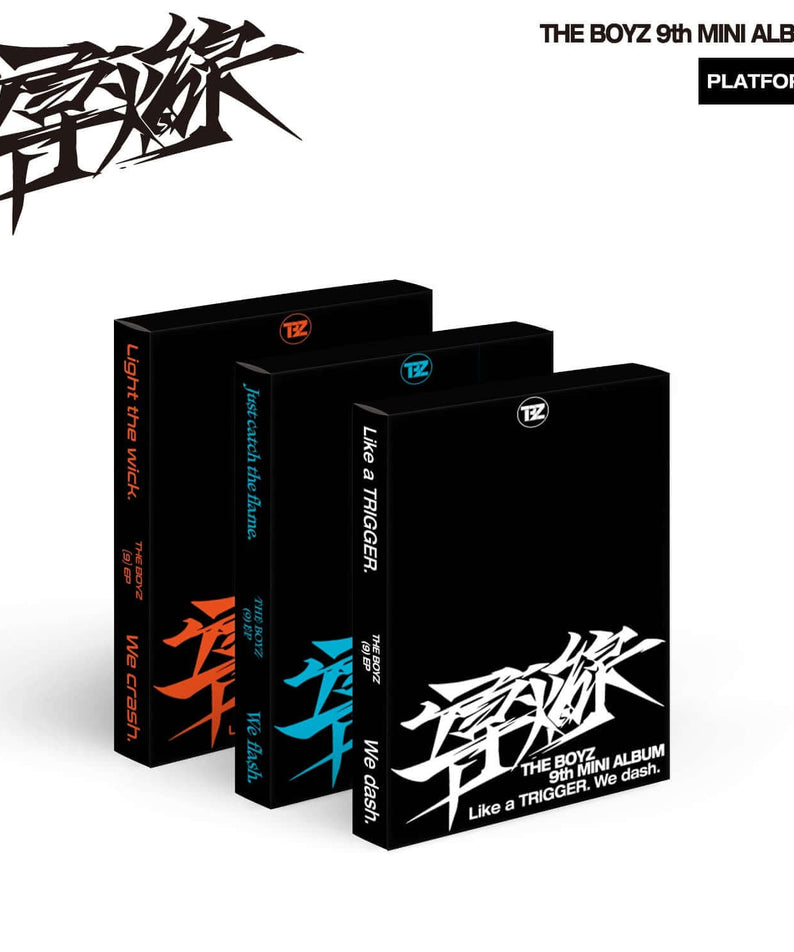 THE BOYZ - 9th Album [導火線 ] (Set of 3) - Album Kpop, visuel de 3 boîtiers noirs sur fond blanc, marque THE BOYZ.