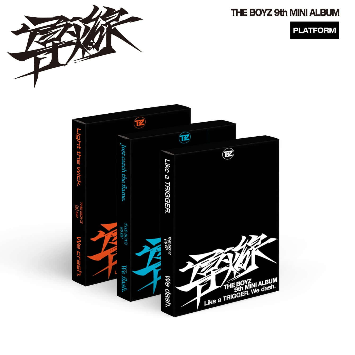 THE BOYZ - 9th Album [導火線 ] (Set of 3) - Album Kpop, visuel de 3 boîtiers noirs sur fond blanc, marque THE BOYZ.
