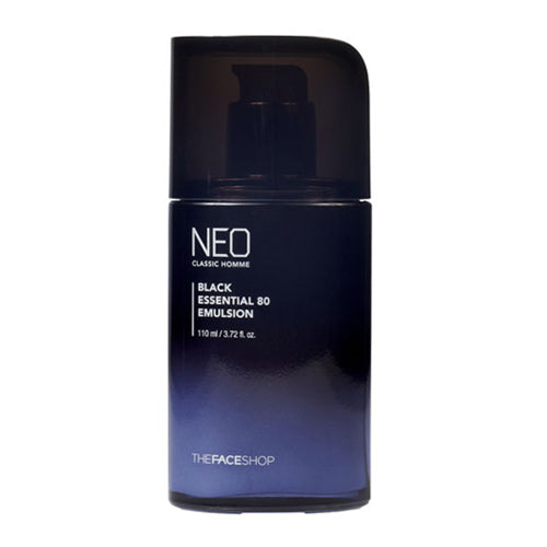 THE FACE SHOP  Neo Classic Homme Black Essentail Emulsion 110ml, flacon noir sur fond clair, produit de soin homme
