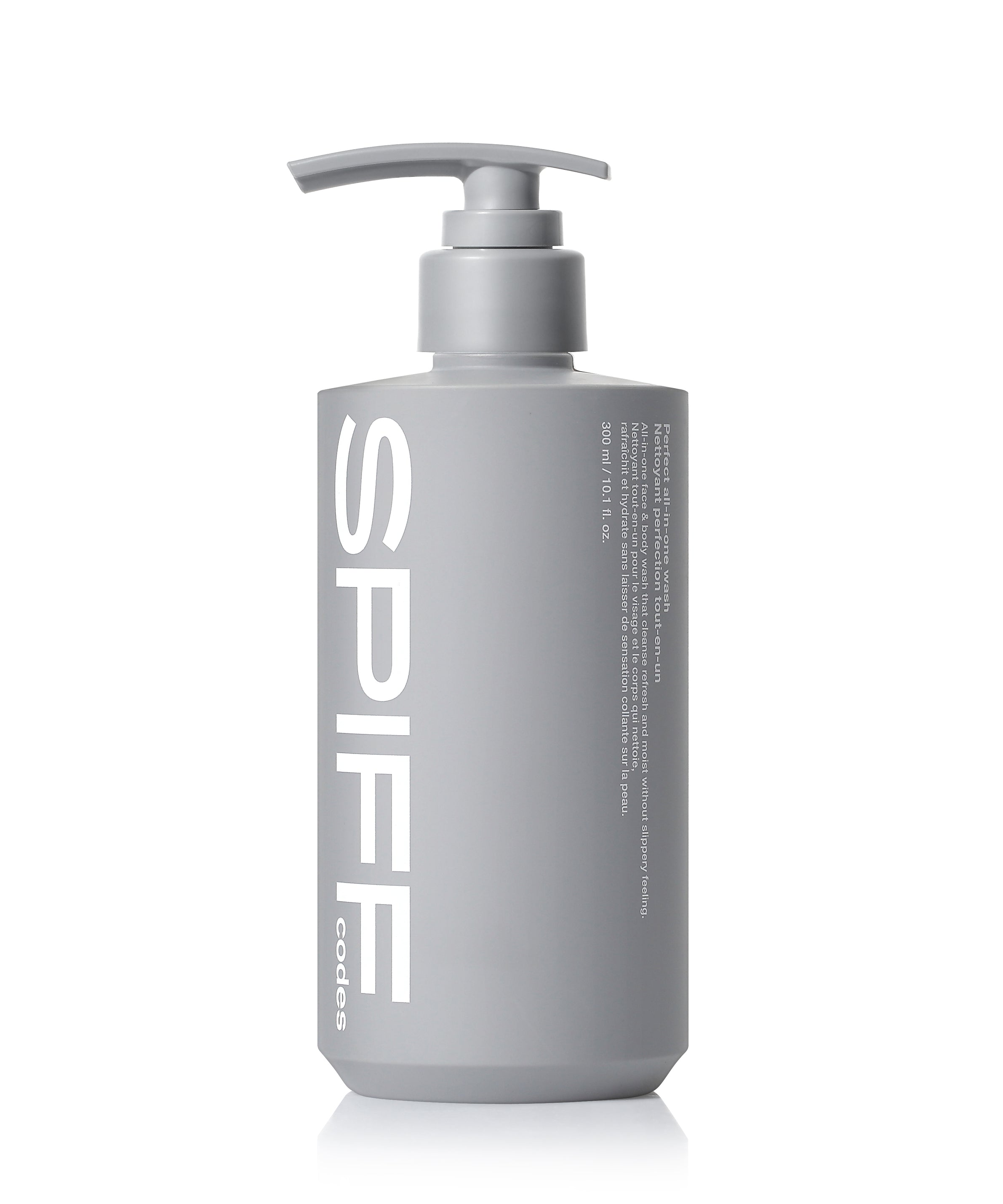 THE FACE SHOP  Speed Code Perfect All-in-One Wash 300ml, flacon gris pompe sur fond blanc, contexte visuel produit